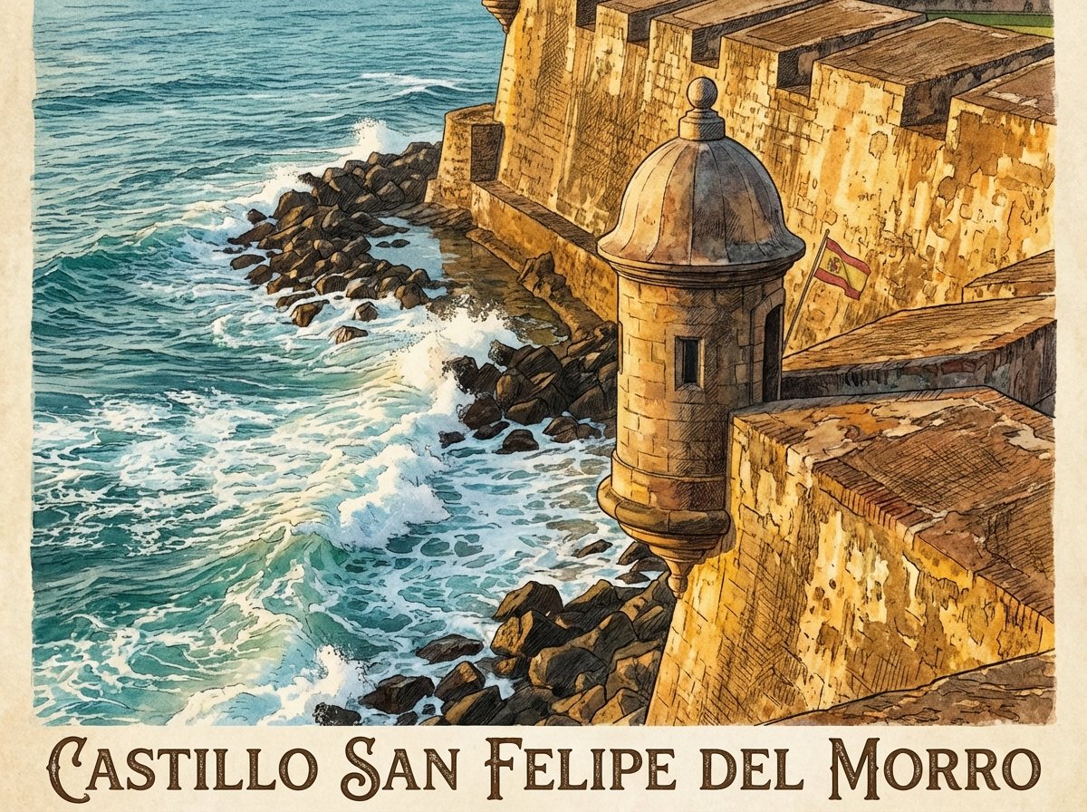 A close up perspective of the weathered stone walls and a circular sentry box known as a garita at Castillo San Felipe del Morro. The Caribbean Sea waves are crashing against the rocks below. Warm sunlight hits the stone surface showing detailed textures. History and Culture style illustration 4:3
