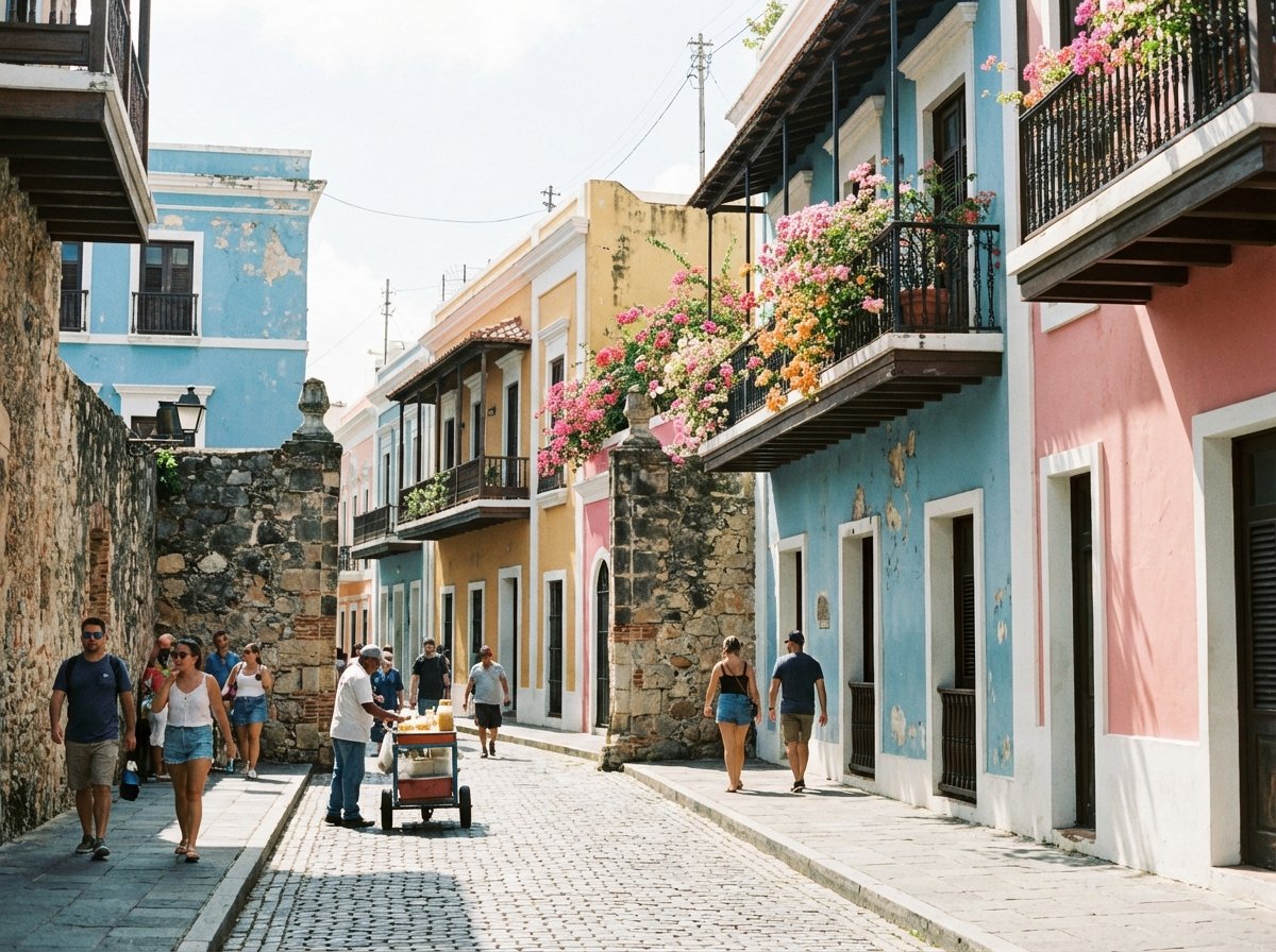 A charming cobblestone street in Old San Juan near the historic walls featuring colorful colonial buildings in shades of blue yellow and pink with wrought iron balconies and tropical flowers. Bright natural daylight. Lifestyle photography style 4:3