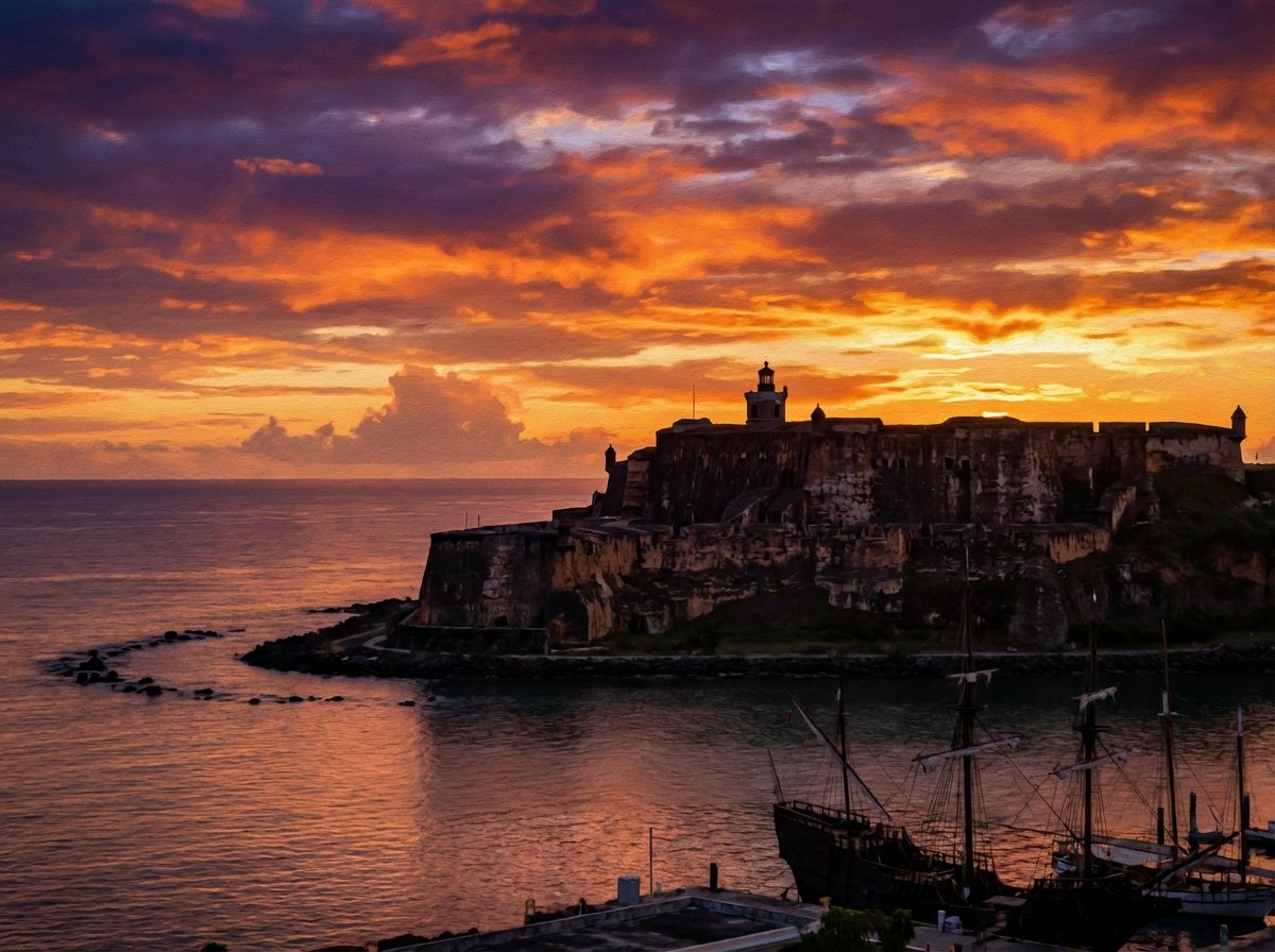 A scenic view of the San Juan fortifications at sunset. The sky is filled with orange and purple hues reflecting on the water. The silhouette of the castle and walls creates a dramatic and peaceful atmosphere. Artistic rendering with rich colors 4:3