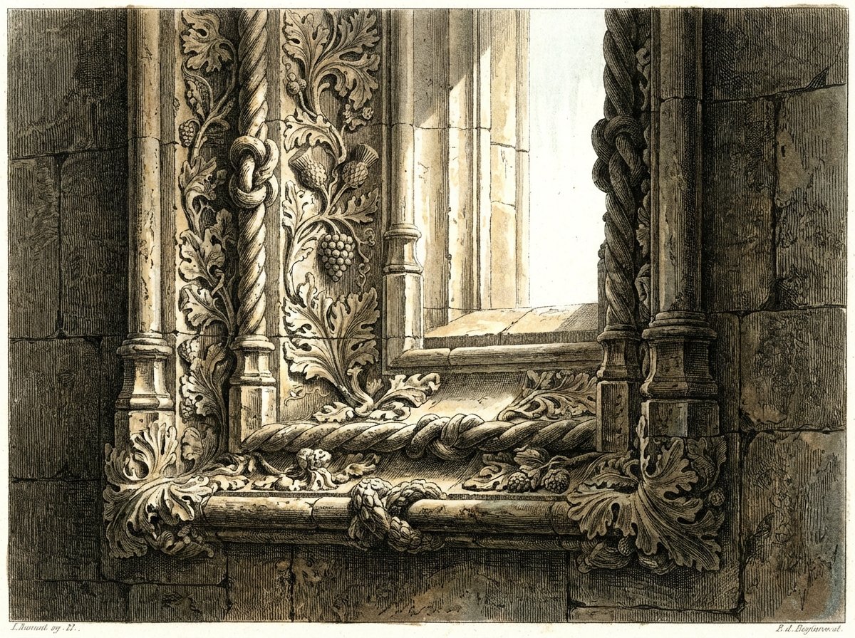 A detailed close-up illustration of Manueline architectural elements in the Monastery of Batalha, featuring stone carvings of ropes and plants, natural lighting, high contrast, 4:3