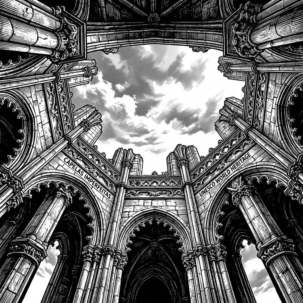 A high-contrast illustration of the Unfinished Chapels at the Monastery of Batalha, looking up towards the open sky, intricate stone pillars, historical atmosphere, UNESCO World Heritage, 1:1