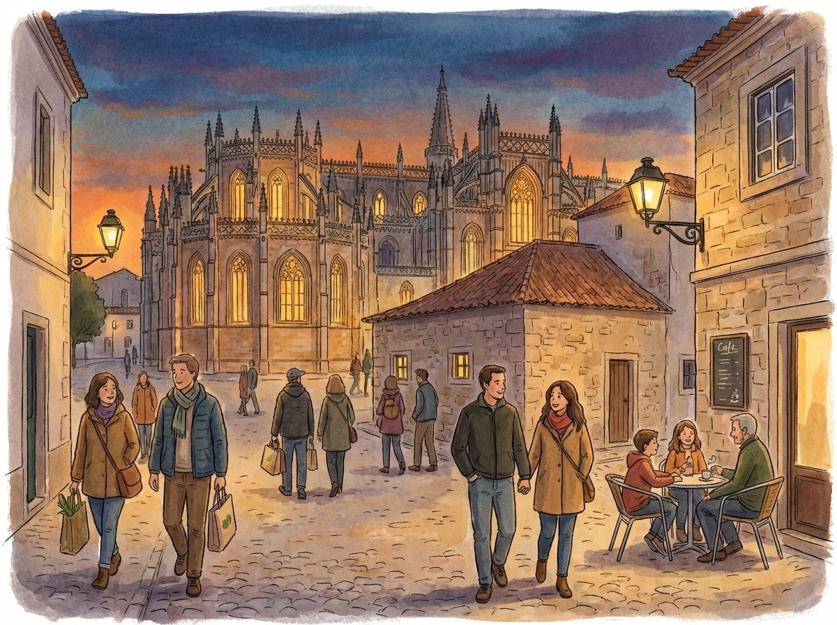 A lifestyle photography style illustration of the Monastery of Batalha at dusk, warm lighting, peaceful town environment, local people walking nearby, 4:3