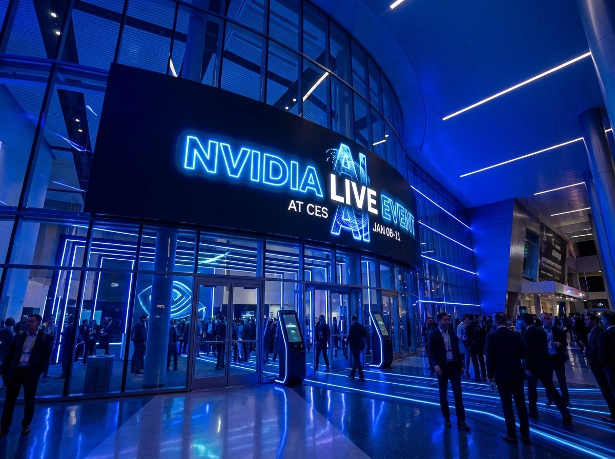 Signage and entrance of a high-tech corporate event called Nvidia Live event at CES with modern architecture and blue lighting professional atmosphere 4:3