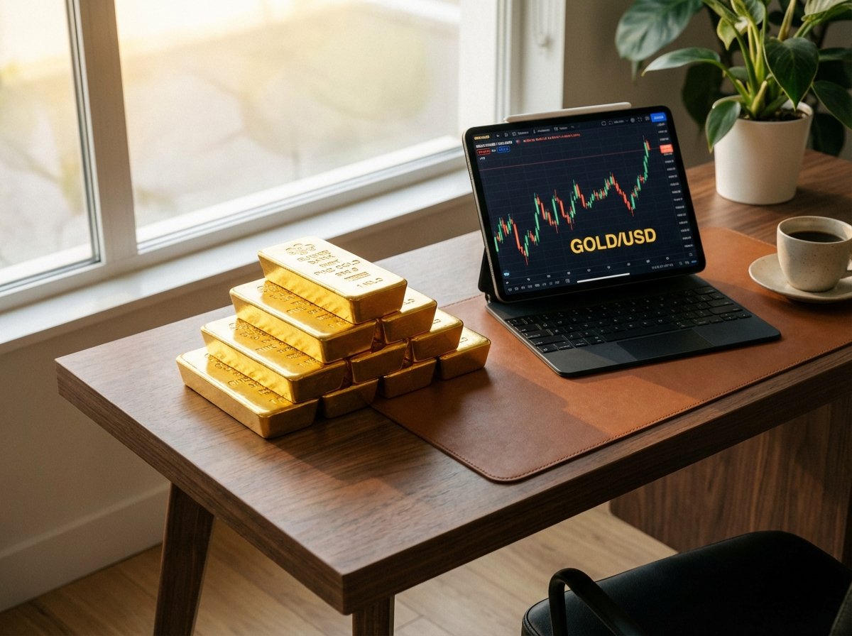 A high-quality lifestyle photograph of several shiny gold bars stacked on a modern wooden desk next to a tablet displaying professional stock market candle charts. The lighting is warm and natural coming from a window. 4:3