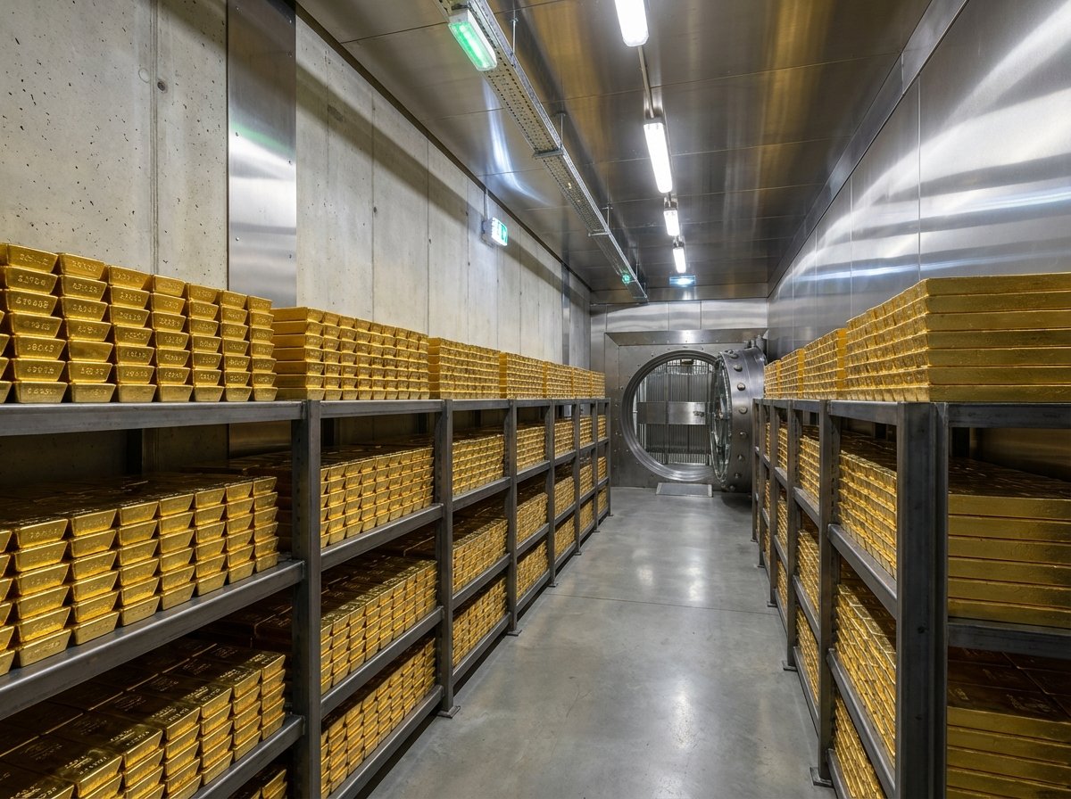 A realistic interior view of a high-security professional bank vault filled with neatly organized gold bars on metal shelves. The lighting is bright and industrial with metallic textures. 4:3