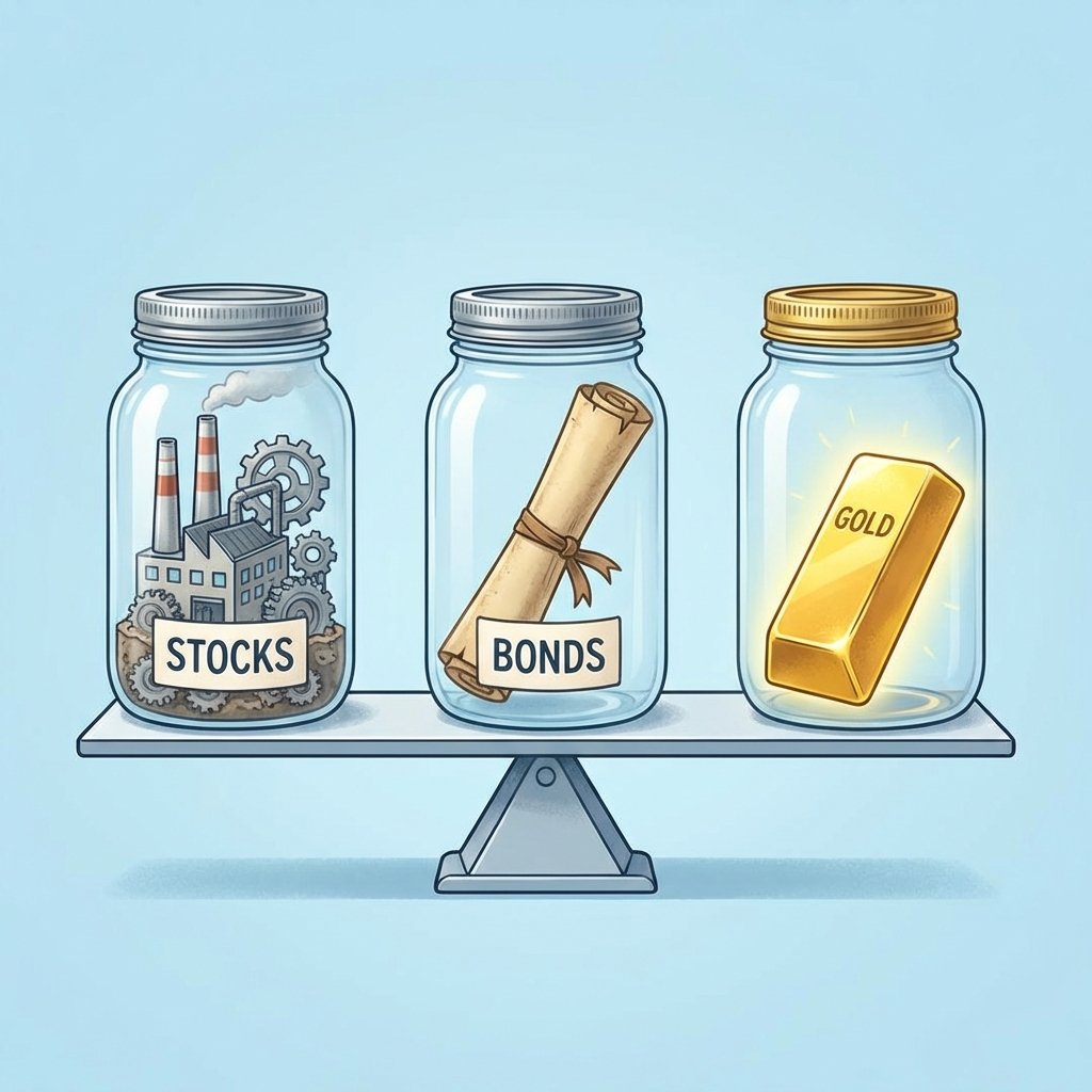 A conceptual illustration of a balanced investment portfolio represented by three glass jars containing miniature models of a factory for stocks a scroll for bonds and a gold bar for gold. Clean light blue background. 1:1
