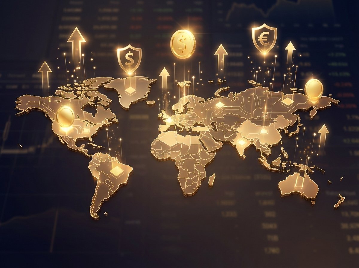 A sophisticated digital art of a world map in golden hues with various economic icons like 3D coins upward arrows and shield symbols floating above it. Professional and clean composition. 4:3