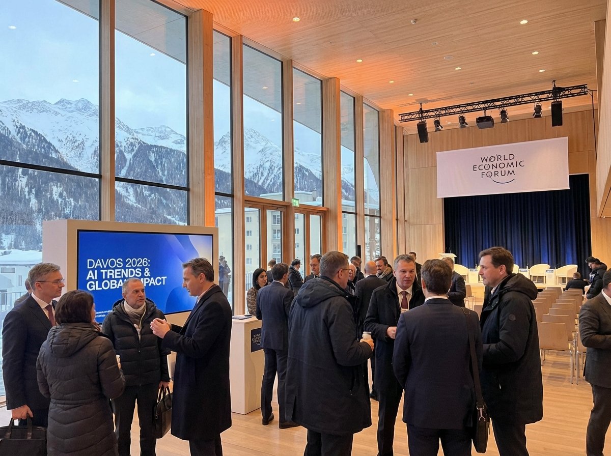 A professional technology conference setting in Davos Switzerland, modern architecture with snowy Alps in the background, business executives discussing Davos 2026 AI trends, cinematic lighting, high quality photography, 4:3