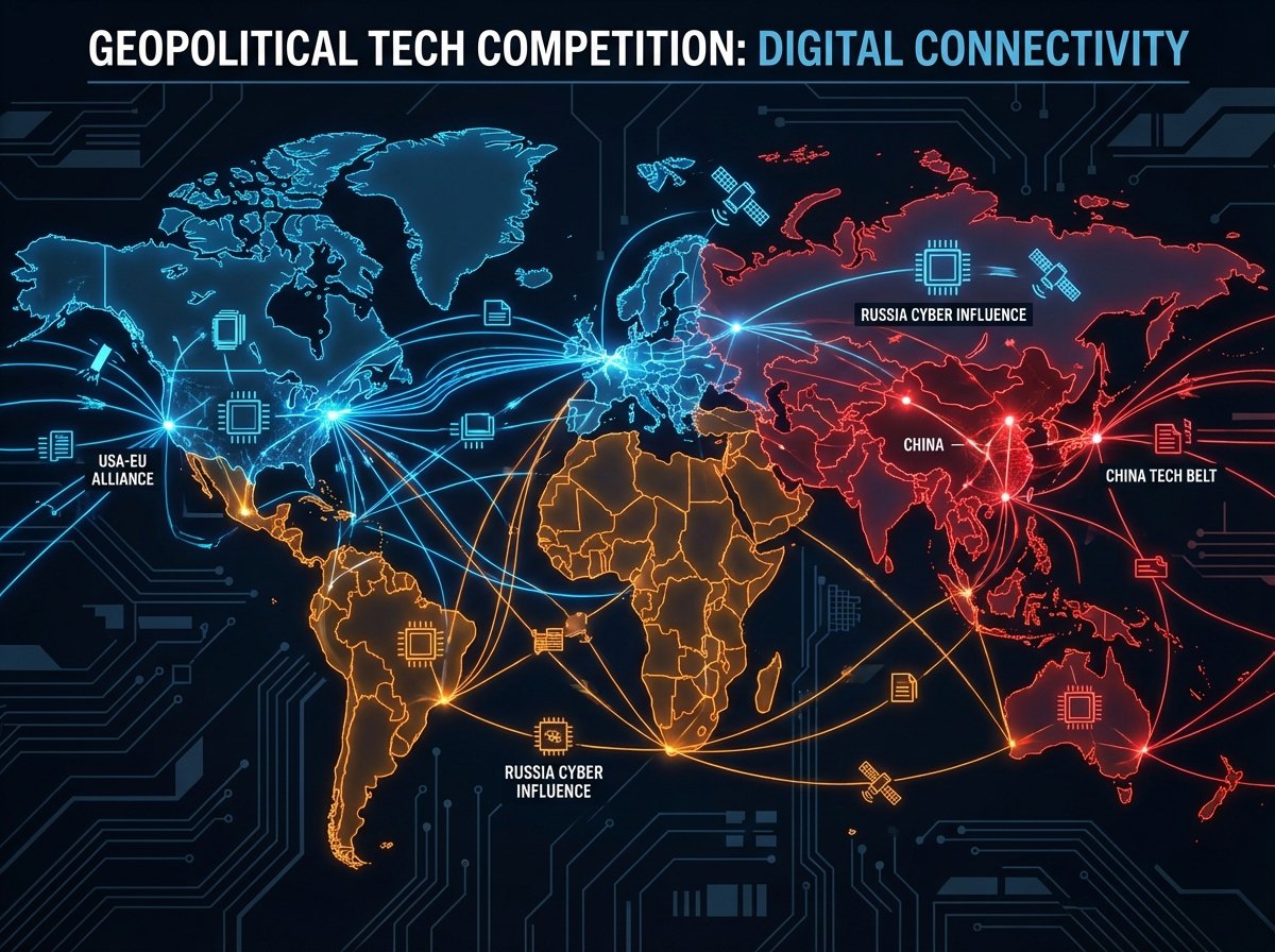 A stylized global map visualization showing data streams and digital connectivity between continents, representing geopolitical technology competition, high contrast, modern design, 4:3