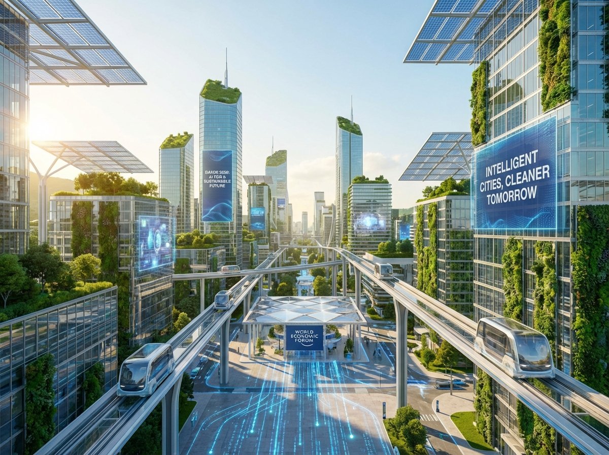 A futuristic city view with integrated technology and AI concepts, clean environment, Davos 2026 AI theme, detailed composition, bright and optimistic lighting, 4:3