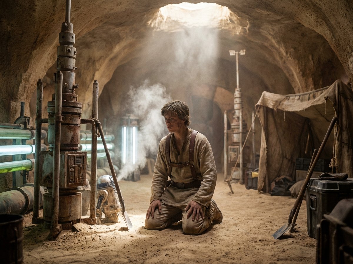 A young farmer in simple tunics working in a futuristic underground moisture farm on a desert planet. Dusty atmosphere, realistic textures, cinematic lighting, 4:3
