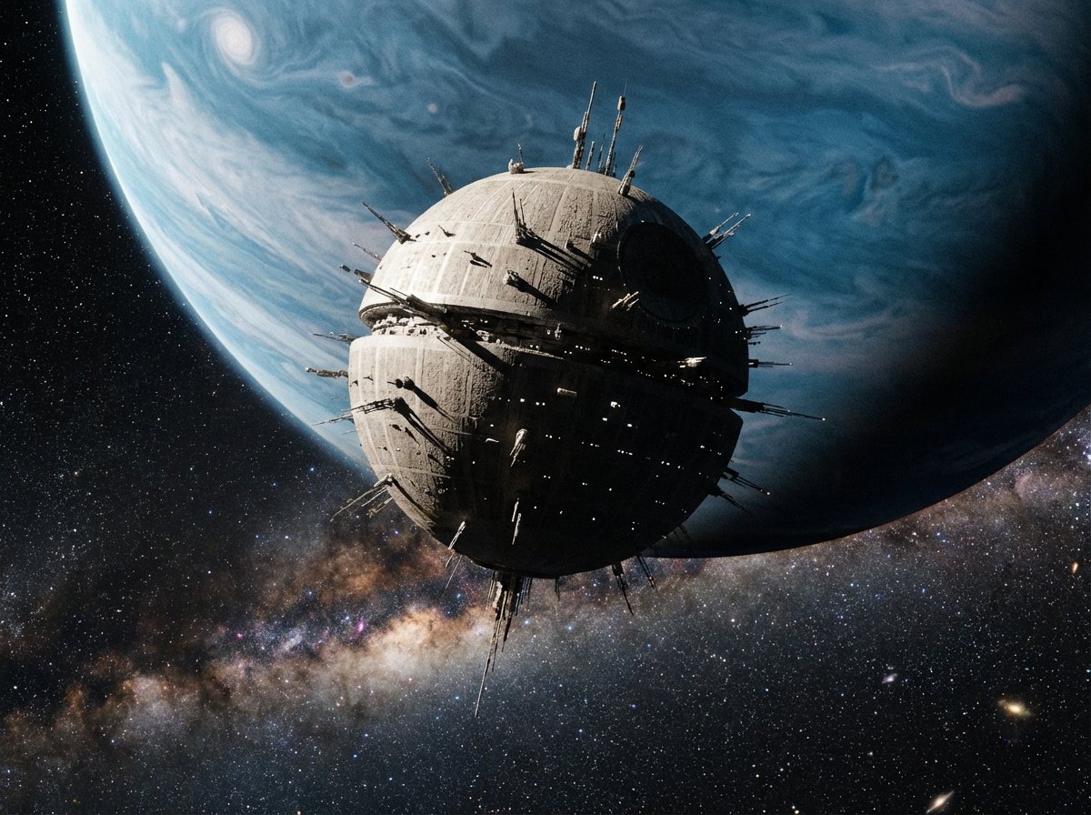 A massive spherical space station resembling the Death Star floating in deep space next to a blue planet. Realistic sci-fi aesthetic, high detail, cinematic stars background, 4:3
