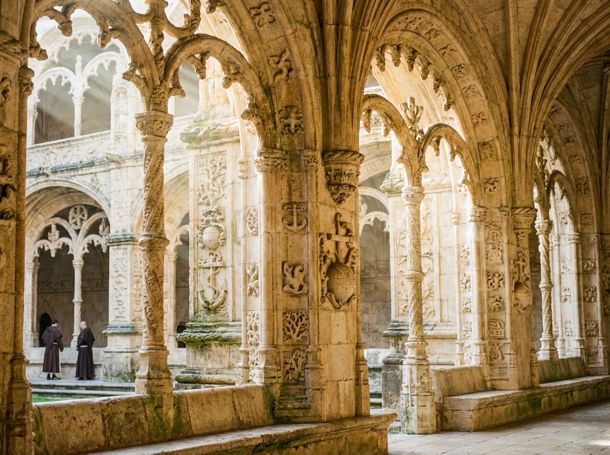 Detailed view of the intricate Manueline style stone carvings in the cloister of the Jeronimos Monastery in Lisbon. Sunbeams filtering through the arches, warm stone texture, historical atmosphere. 4:3