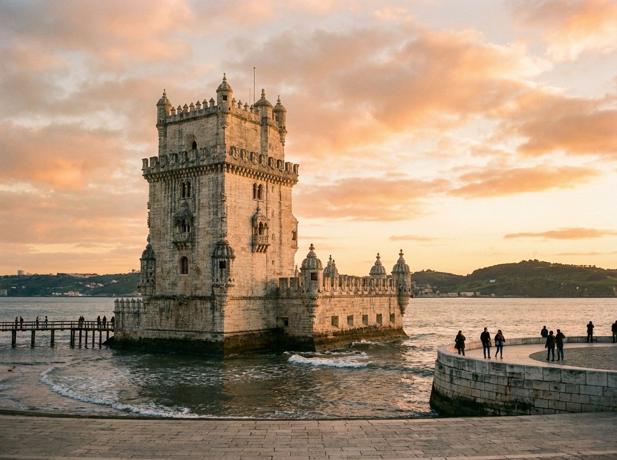 The Belém Tower standing on the edge of the Tagus River in Lisbon at sunset. Soft golden light hitting the limestone exterior, gentle river waves, Portuguese architecture. 4:3