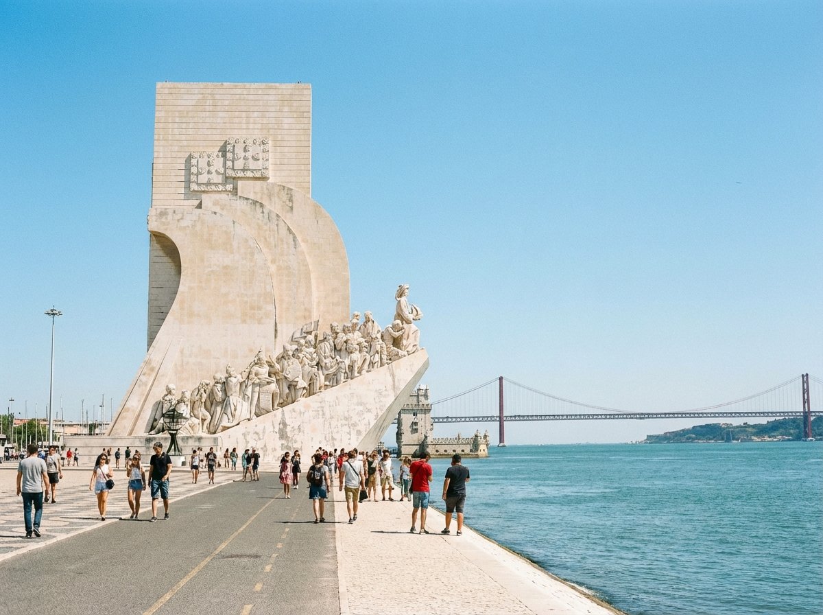 The Padrão dos Descobrimentos (Monument to the Discoveries) in Lisbon, showing the stone statues of navigators facing the river. Clear sky, wide pedestrian walkway, bright daylight. 4:3