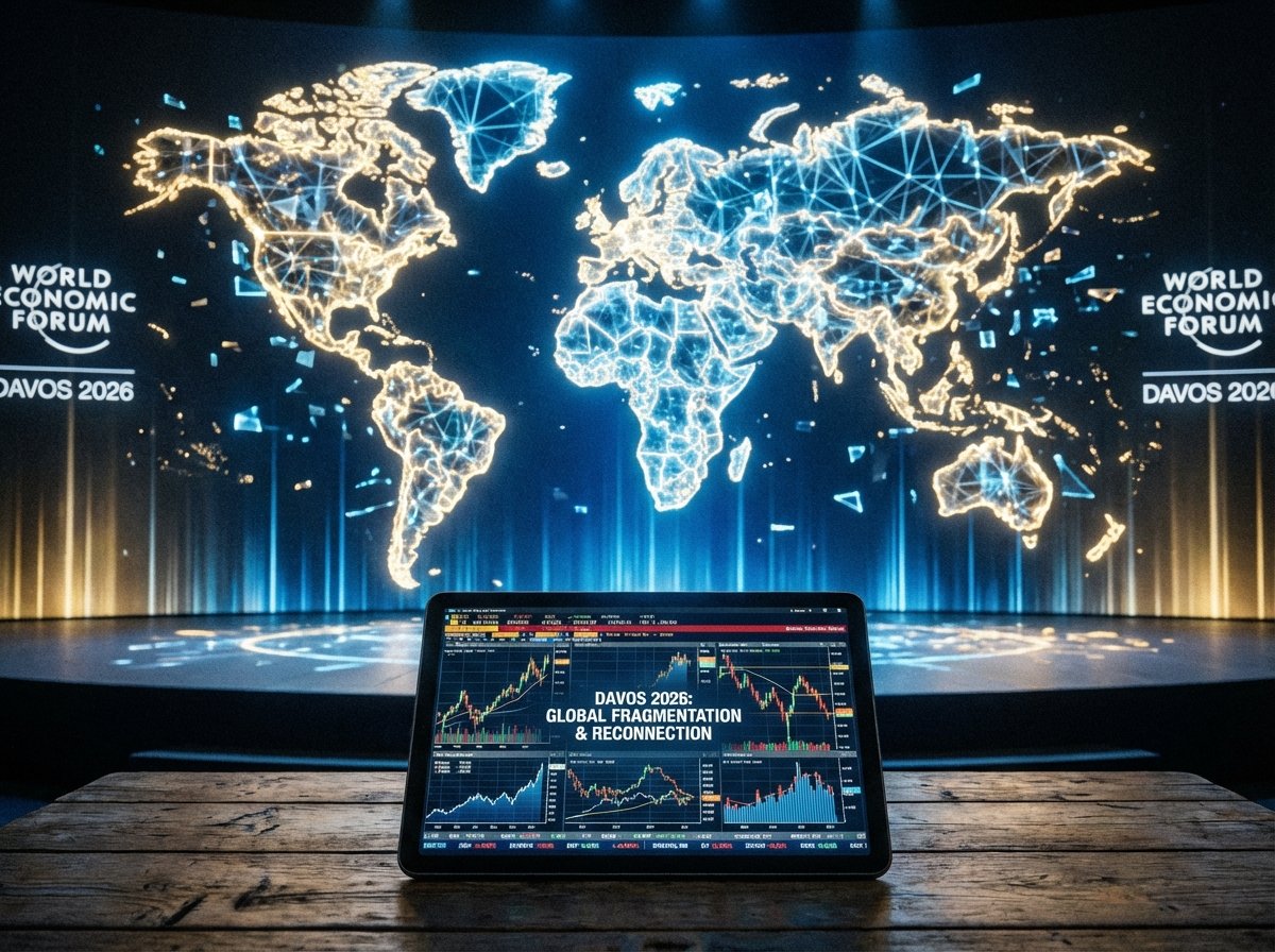 A visual representation of a fragmented world map with glowing connection lines, a digital tablet with financial charts in the foreground, Davos Forum 2026 theme, high contrast, 4:3