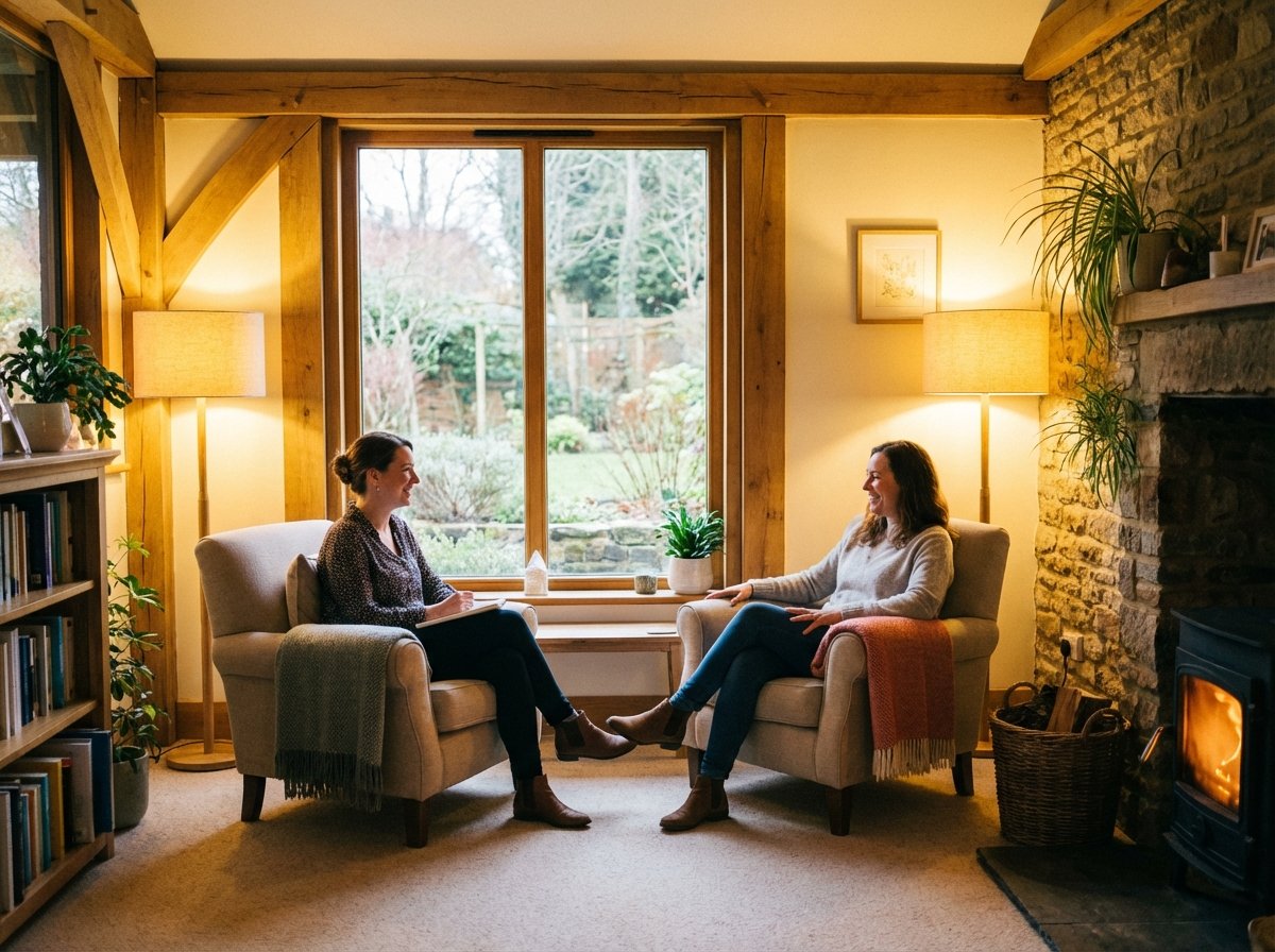 A warm therapy session room with two people sitting in comfortable chairs talking calmly, soft lighting, natural setting, 4:3