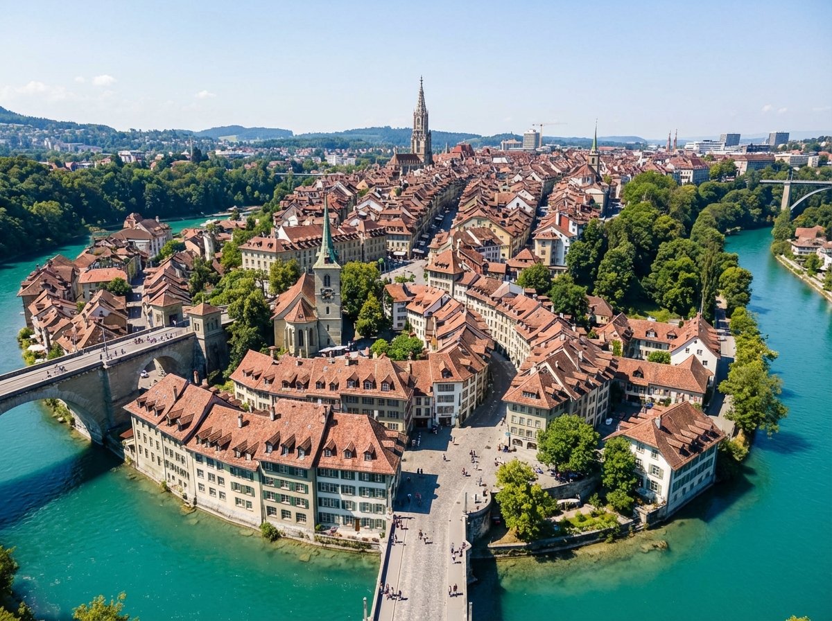 High-angle wide shot of the Old City of Berne Switzerland surrounded by the turquoise Aare River, red-roofed medieval buildings, historical architecture, sunny day, clear blue sky, professional travel photography, UNESCO World Heritage site, 4:3