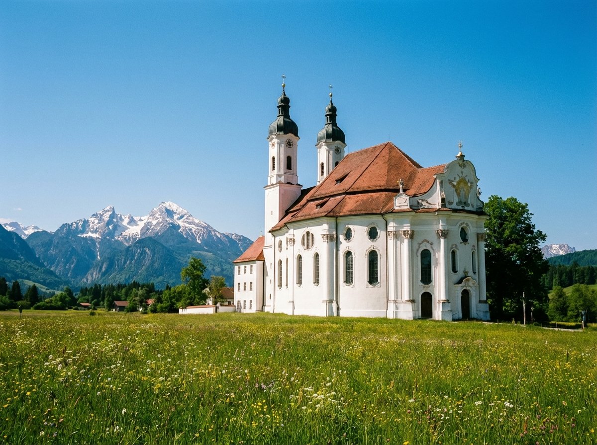 A wide-angle landscape shot of the Pilgrimage Church of Wies in Germany, a white Rococo style church standing alone in a lush green Bavarian meadow under a clear blue sky, majestic Alps in the distant background, high contrast, 4:3
