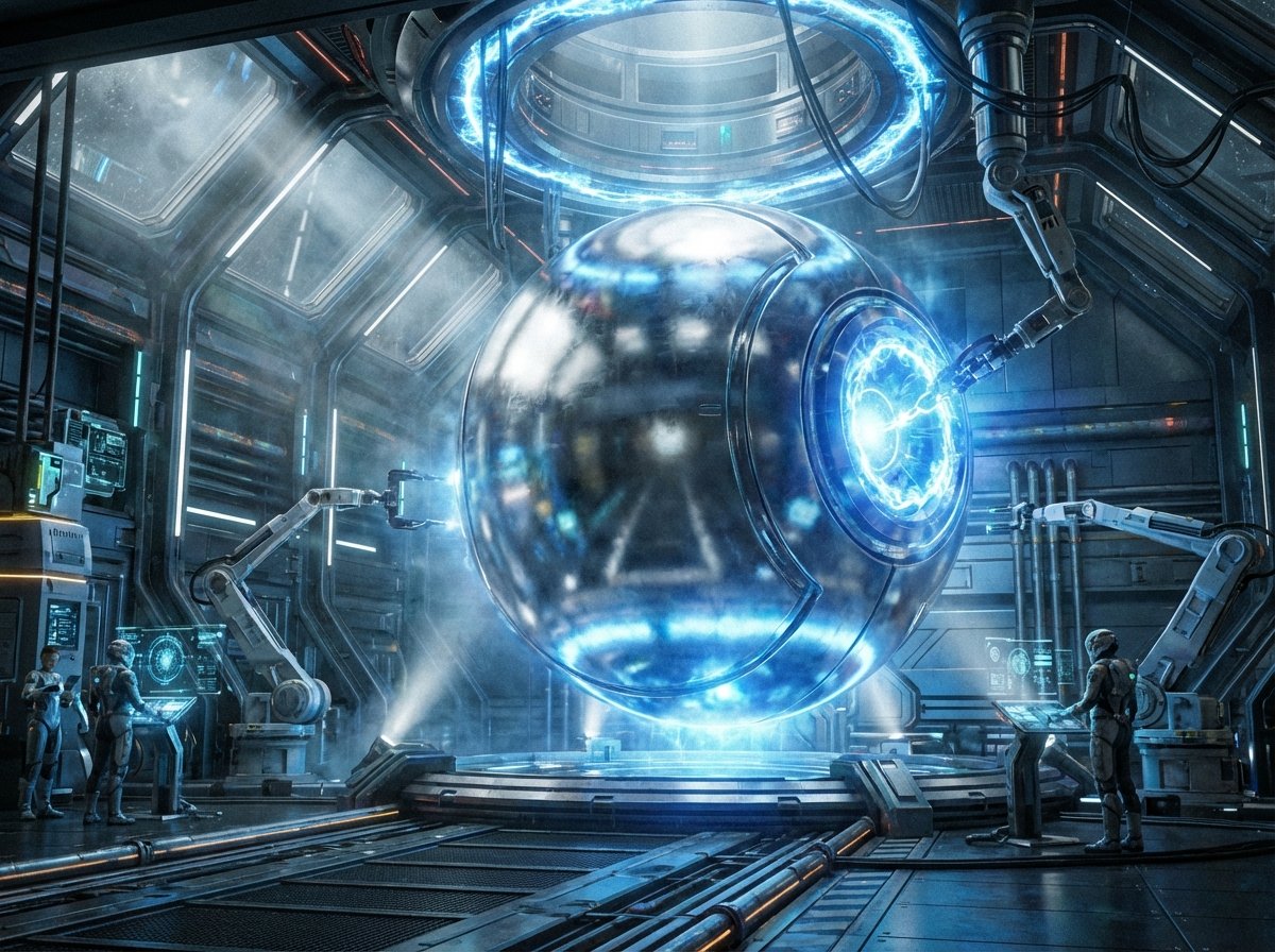 A futuristic high-tech hangar containing a large metallic spherical time machine glowing with blue energy, cinematic lighting, 4:3