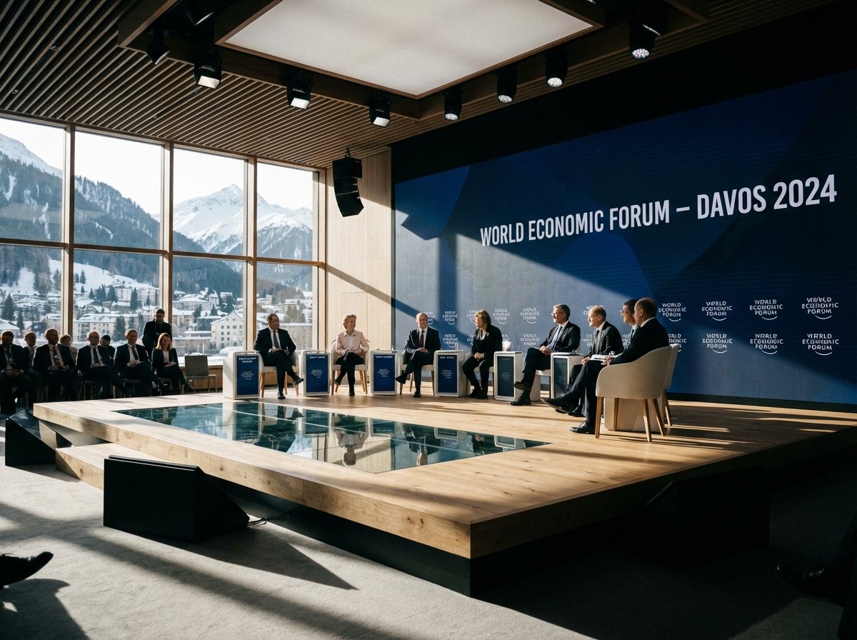 A high-end professional conference hall in Davos Switzerland with world leaders on stage engaged in a serious discussion, modern cinematic lighting, sophisticated atmosphere, wide shot, high contrast, 4:3