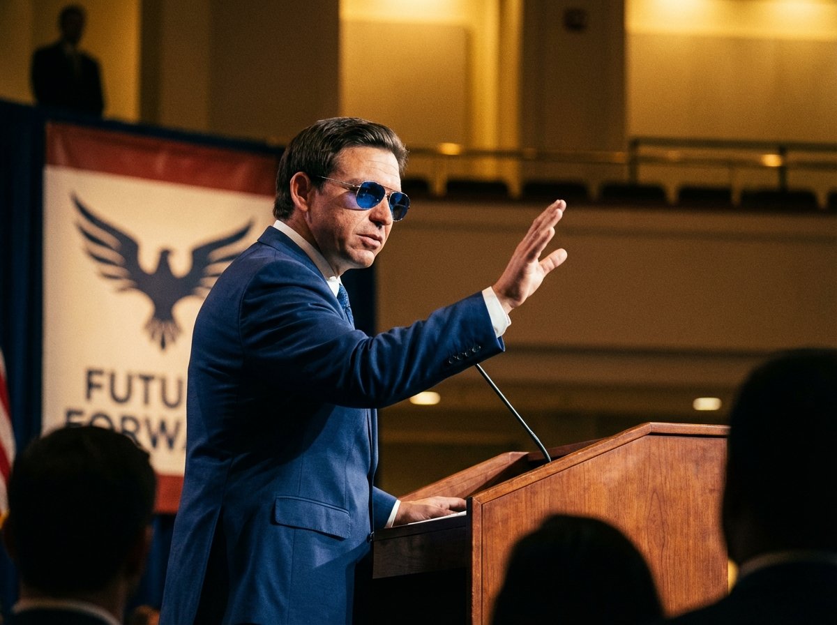 A confident male leader in a navy suit speaking at a podium with a determined expression, blue aviator sunglasses, professional stage lighting, heroic stance, cinematic style, 4:3