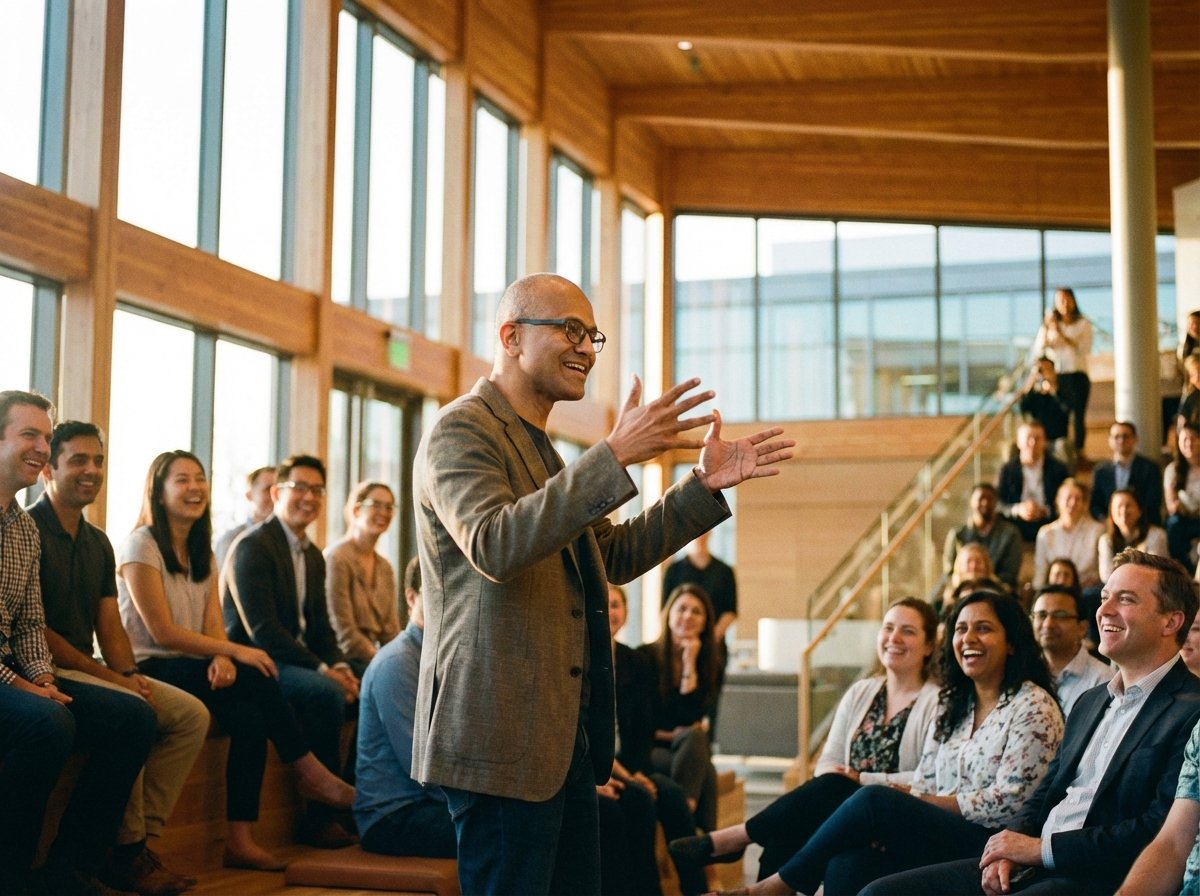 A charismatic CEO telling a story to an attentive audience, using hand gestures, warm lighting, professional corporate environment, realistic photography, 4:3
