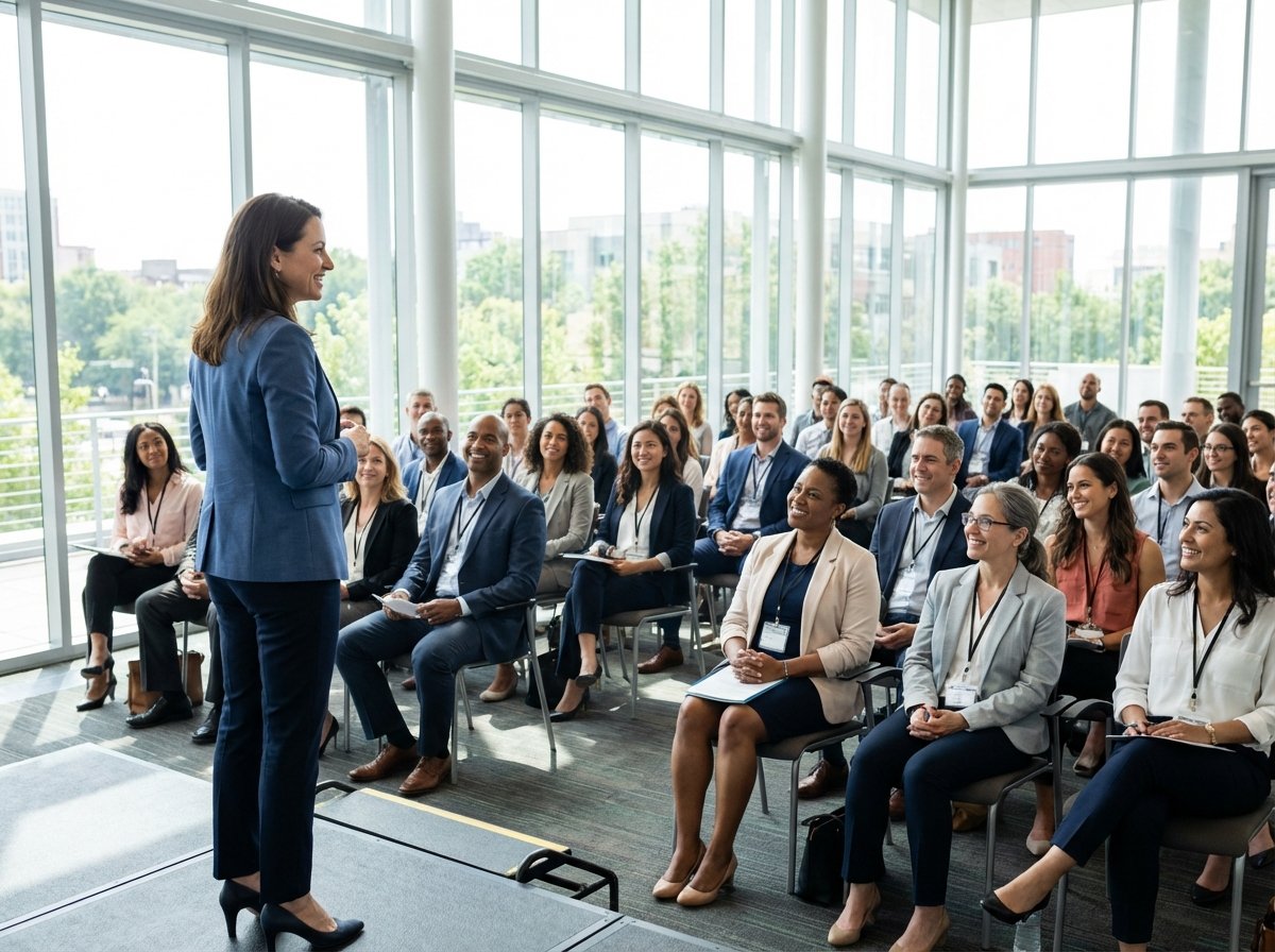 A professional speaker maintaining eye contact with a diverse audience, bright and open conference room, natural expressions, high quality photography, 4:3