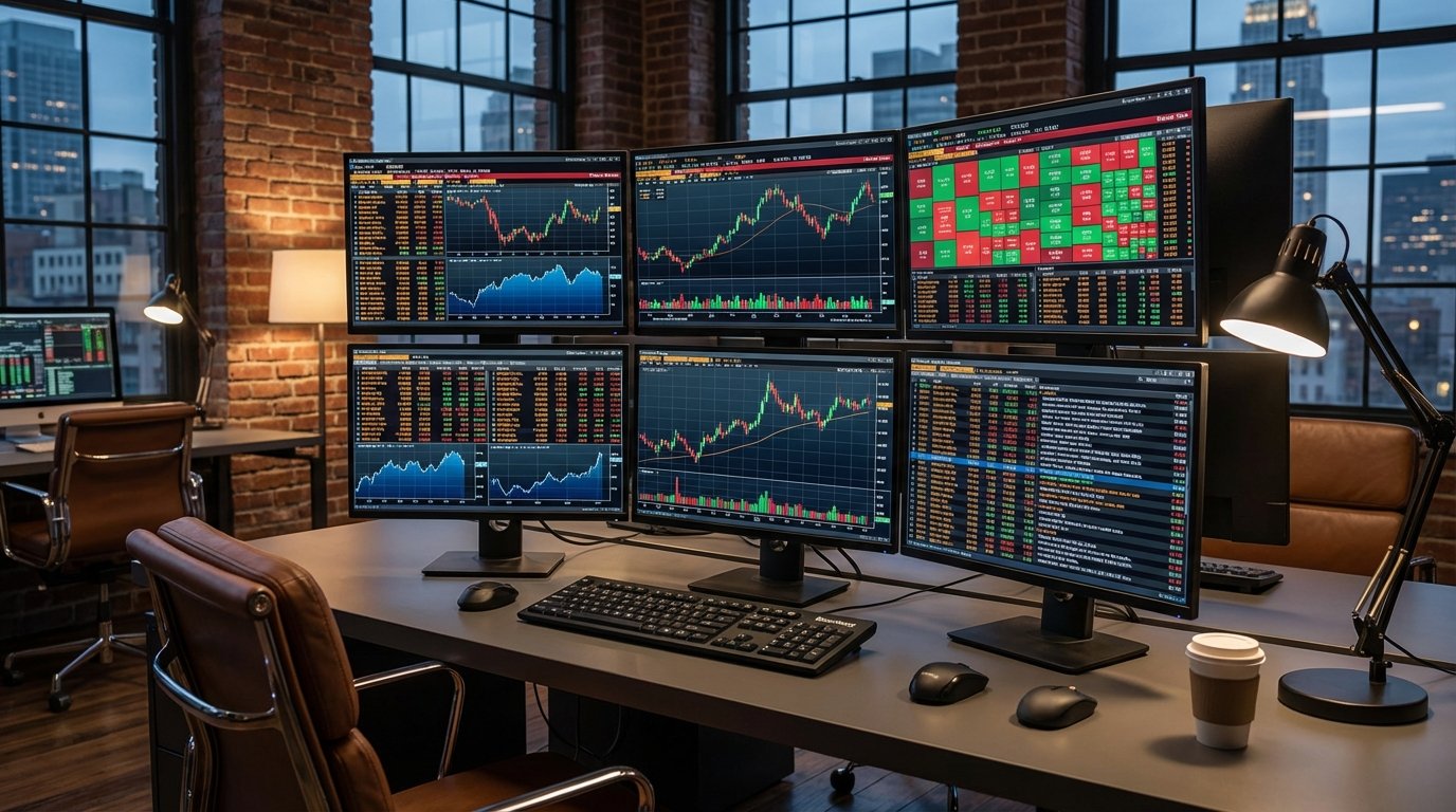 A detailed composition of multiple computer monitors showing real-time financial charts and stock market data, professional office setting, cinematic lighting with a focus on data visualization, 16:9 aspect ratio.