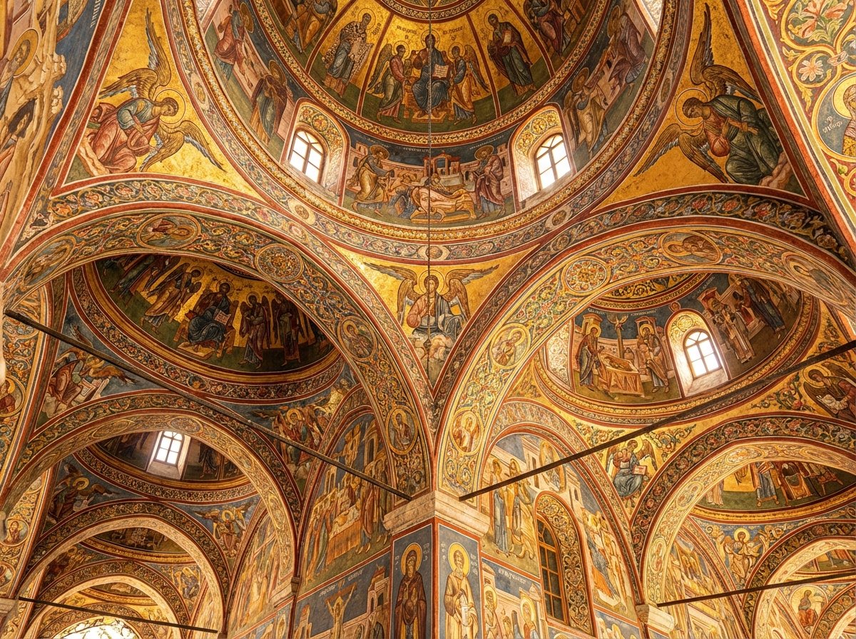 Close-up of vibrant Byzantine style frescoes on the arched ceilings of Rila Monastery, religious iconography with gold leaf details, colorful biblical scenes, intricate patterns, warm natural lighting, high quality artistic rendering, 4:3