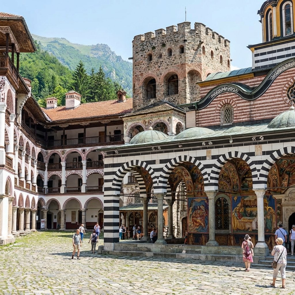 릴라 수도원 중앙 마당과 흐렐료 탑의 조화