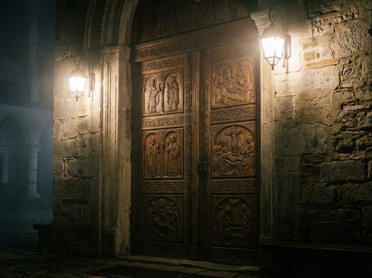 고요한 저녁 안개에 싸인 릴라 수도원 입구