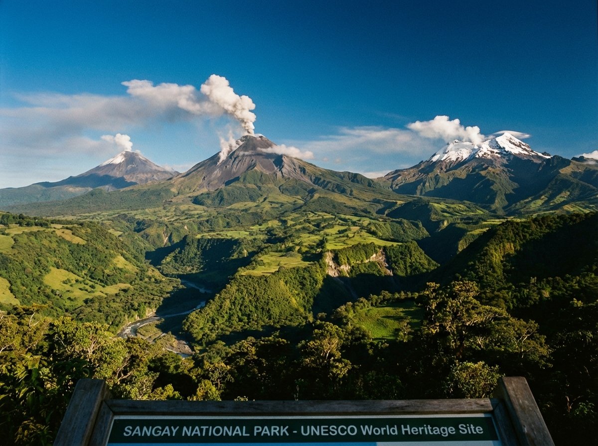 A majestic view of Sangay National Park in Ecuador featuring active volcanoes with snow-capped peaks and lush green valleys under a clear blue sky, high contrast, wide angle, UNESCO World Heritage Site, 4:3