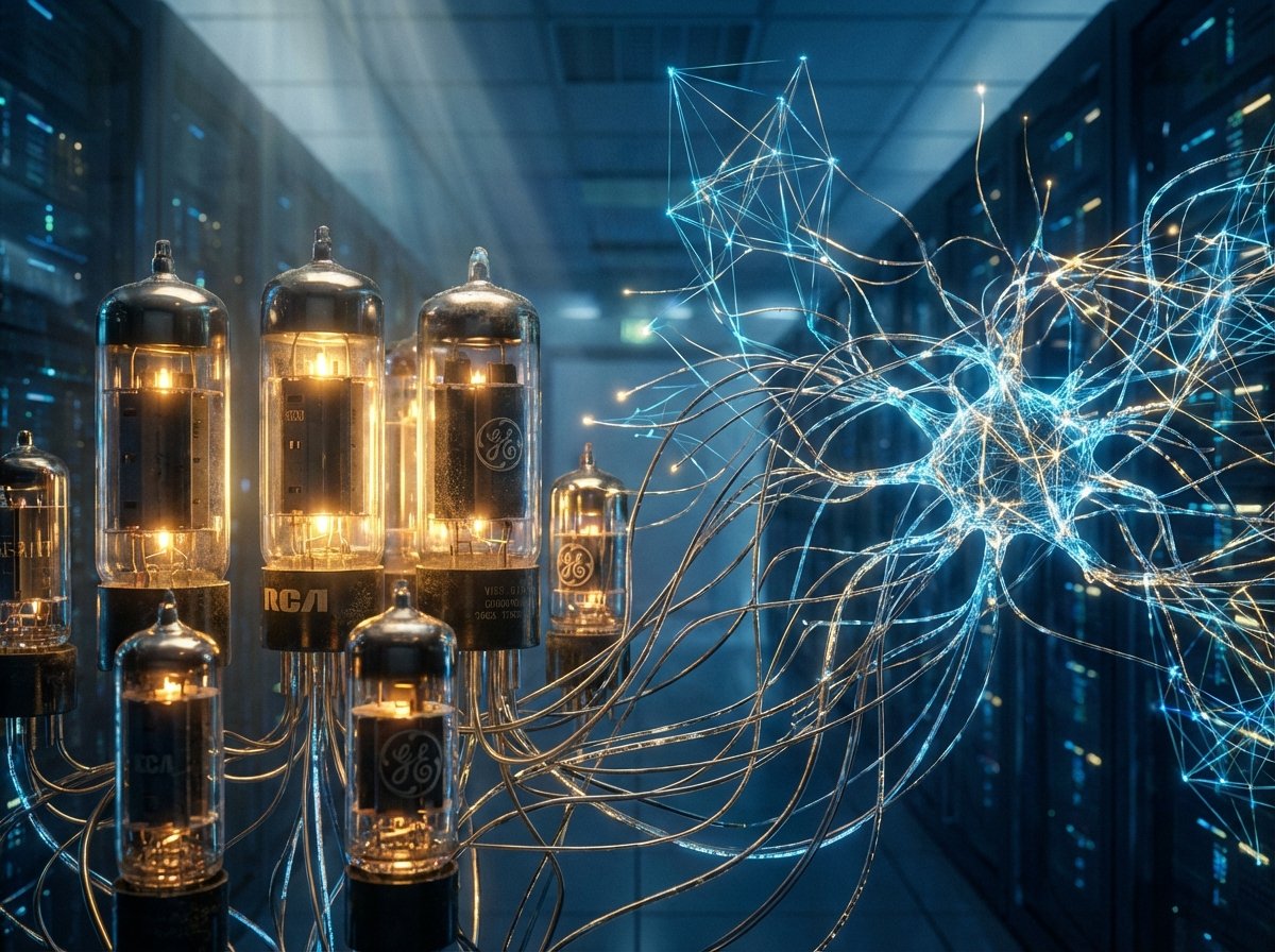 고전적인 진공관과 현대적인 신경망이 결합된 기술적 이미지