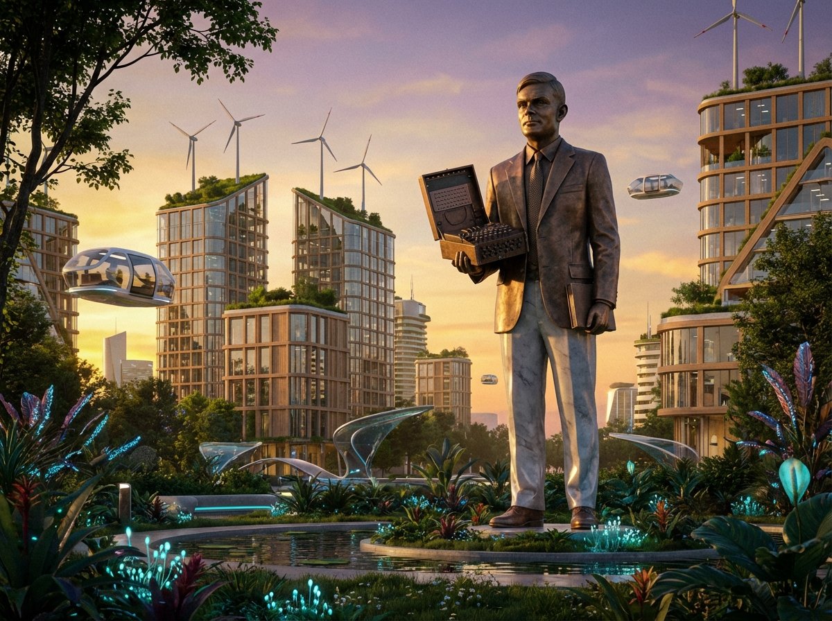 앨런 튜링의 동상이 서 있는 미래적인 도시 풍경