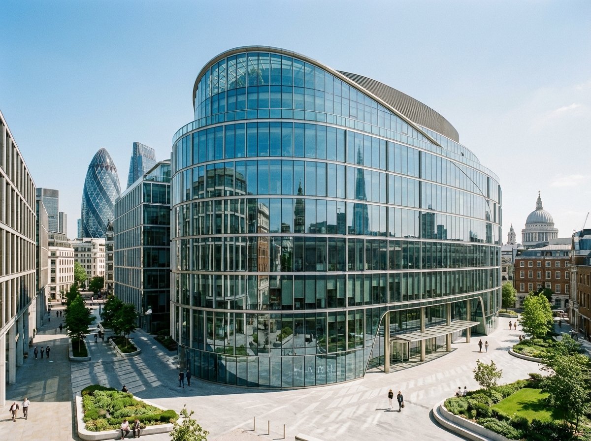 Modern glass architecture of a tech company building in London, cityscape background, sunny day, clean urban environment, architectural photography, 4:3
