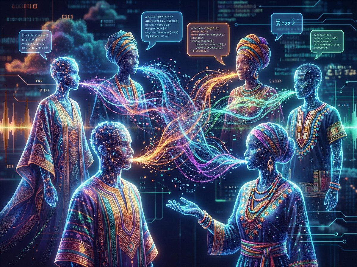 Abstract representation of multiple AI avatars in different cultural attires speaking simultaneously, digital particles connecting them, vibrant colors, conceptual digital art, 4:3