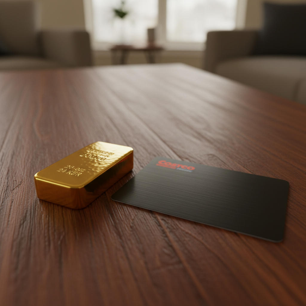 A high-quality lifestyle photograph of a 1 Troy ounce gold bar placed next to a Costco Executive membership card on a wooden table. The lighting is warm and professional, highlighting the 24-karat gold's texture. No text. 4:3