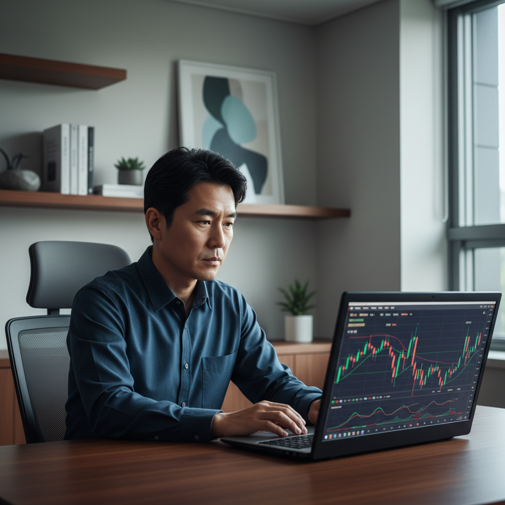 A Korean man in his 40s looking at a laptop screen showing gold price charts with a focused and calm expression. Modern home office background with soft natural lighting. High contrast. 1:1