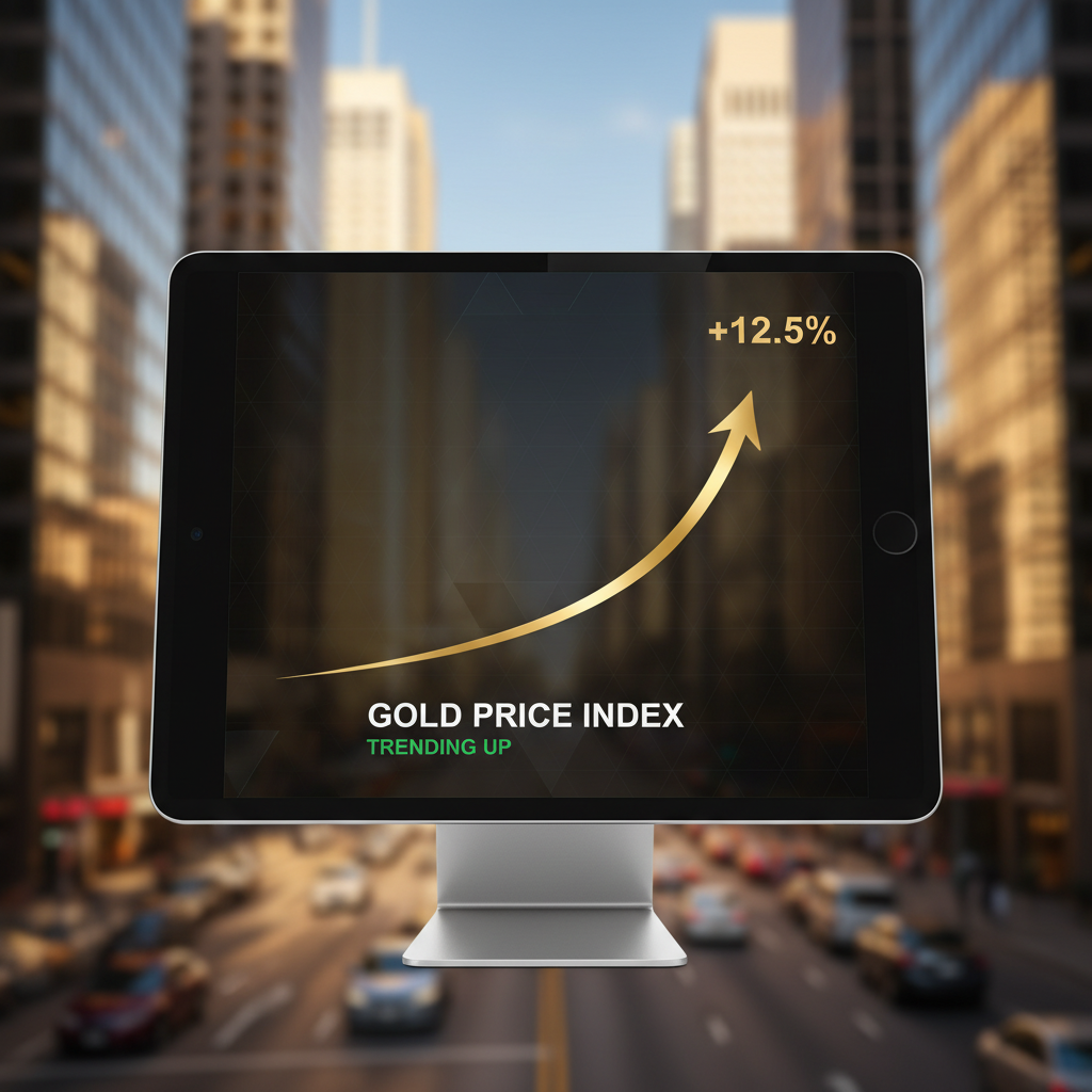 A clean and modern infographic showing a rising gold price trend line on a tablet screen. The background features a blurred financial district. Professional and high-contrast composition. 1:1