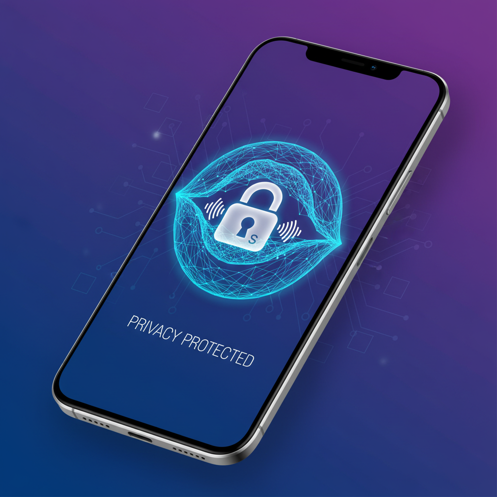 A modern smartphone displaying a voice assistant icon with a glowing blue light, overlayed with a digital padlock symbol representing privacy and security. The background is a clean, tech-inspired gradient of deep blue and purple. 4:3