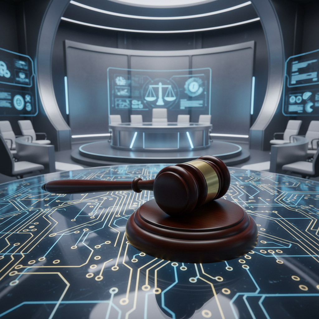 법원과 기술의 결합을 상징하는 이미지