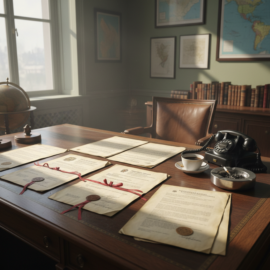 Vintage diplomatic documents spread out on a wooden desk next to an old black rotary phone, dramatic lighting coming from a window, 1980s office atmosphere, highly detailed realistic photography, 4:3.
