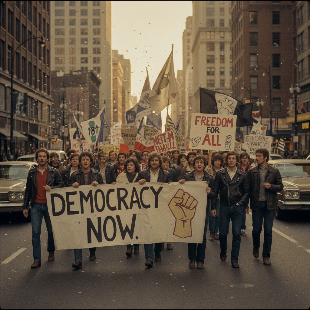 A group of people marching in a street carrying banners for democracy, vintage 1980s film style with grain and warm colors, blurred background of city buildings, artistic rendering of a historical moment, 4:3.
