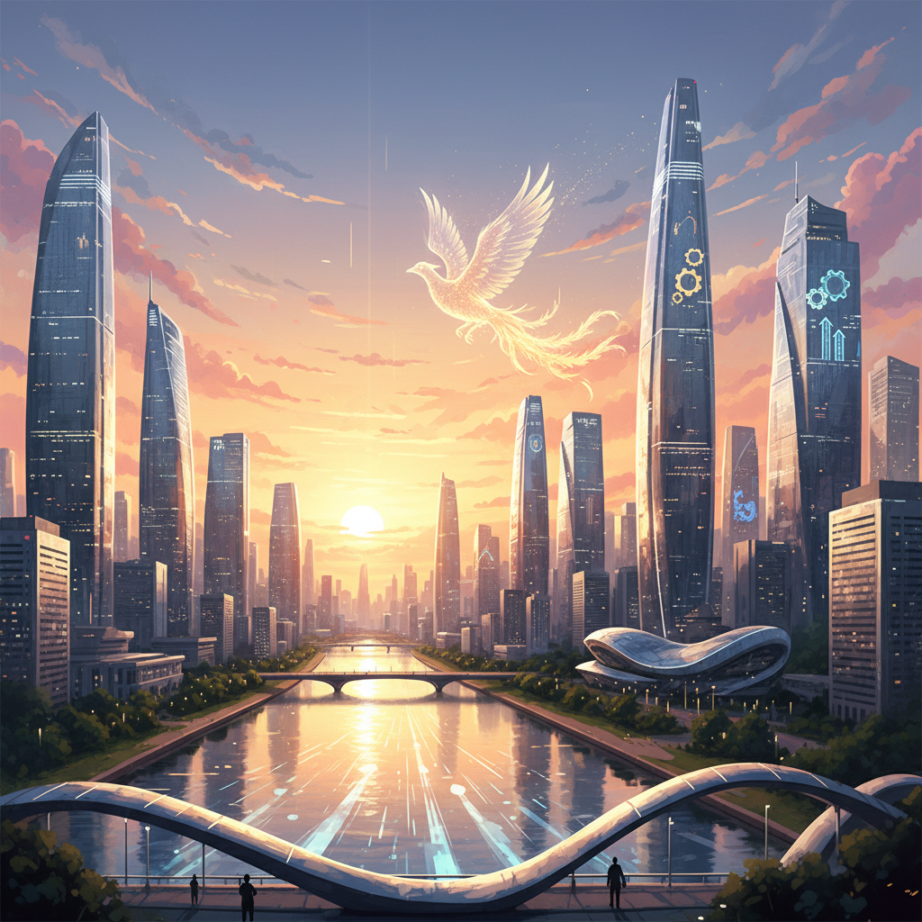 A beautiful sunrise over a modern South Korean cityscape with tall buildings and a river, vibrant colors, clear sky, wide angle shot, artistic rendering representing hope and progress, 4:3.