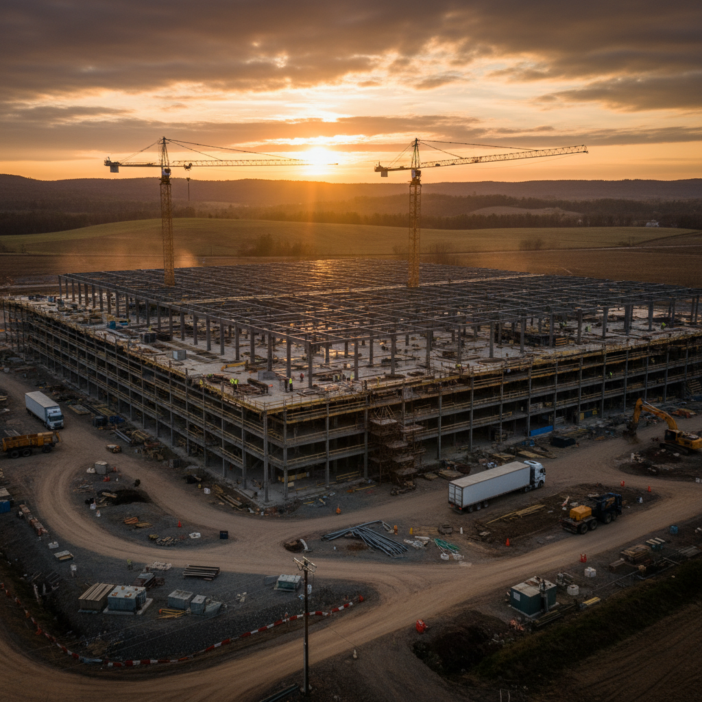 A hyper-realistic wide shot of a massive data center under construction in a rural area, cranes and steel structures visible against a sunset sky, high-tech industrial atmosphere, 4:3