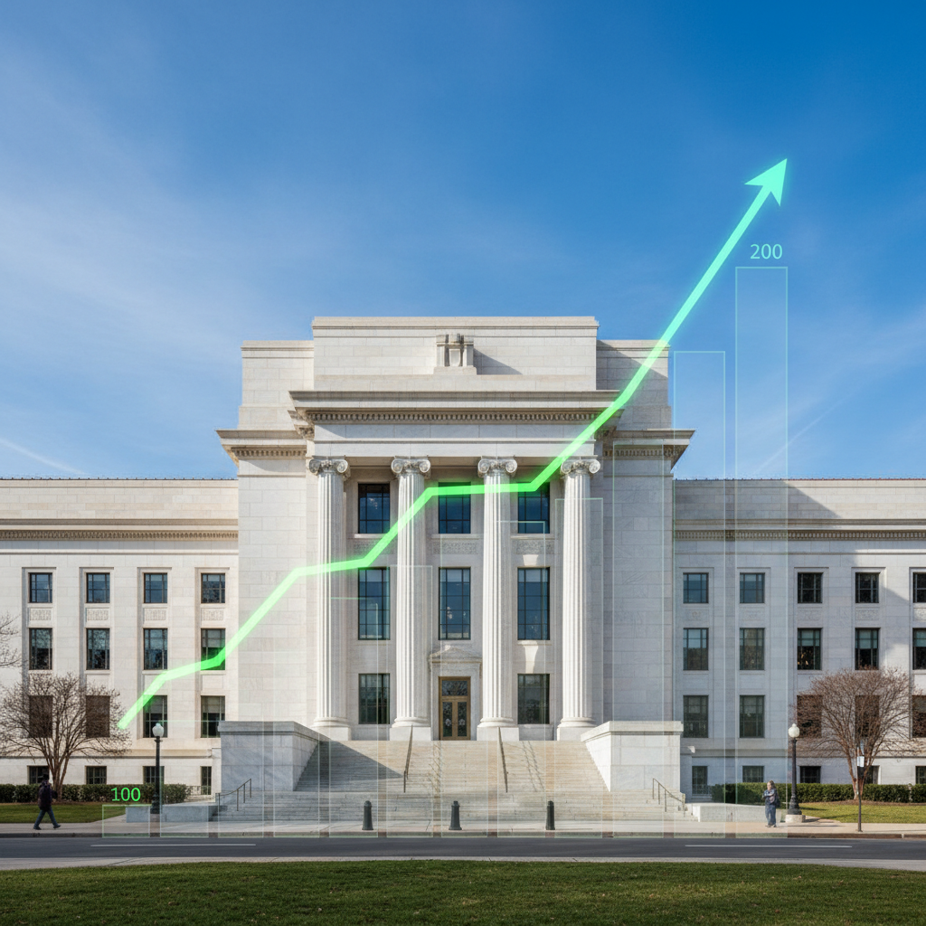 연방준비제도 건물과 경제 지표를 형상화한 이미지
