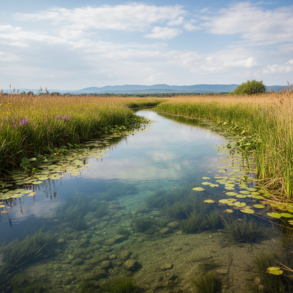 A clear water channel winding through thick reeds and aquatic plants in a Bulgarian wetland. 4:3