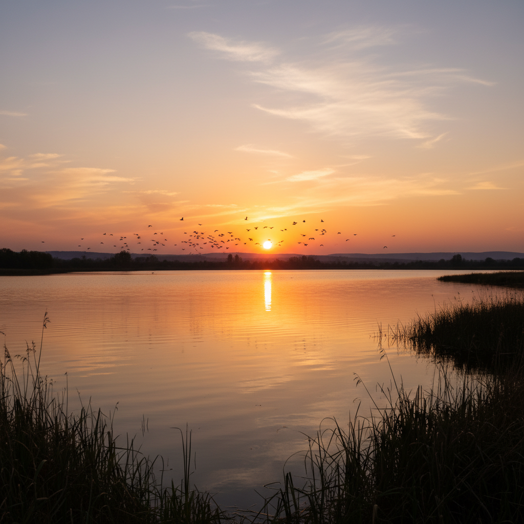A beautiful sunset over the Srebarna Nature Reserve casting a warm golden glow on the water and flying birds in the distance. 4:3