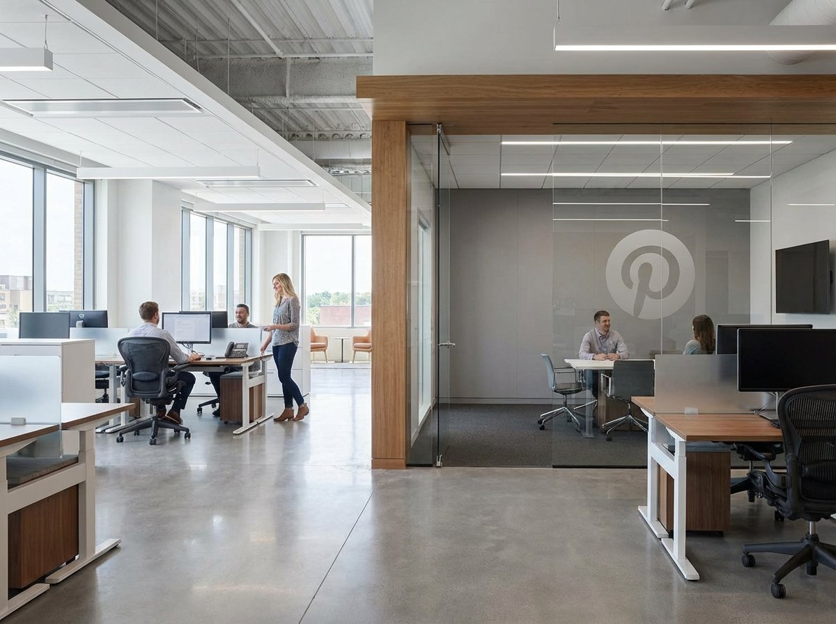 A sleek and modern corporate office environment with a subtle Pinterest logo on a glass wall, professional atmosphere, minimalist interior design, high quality photography, 4:3